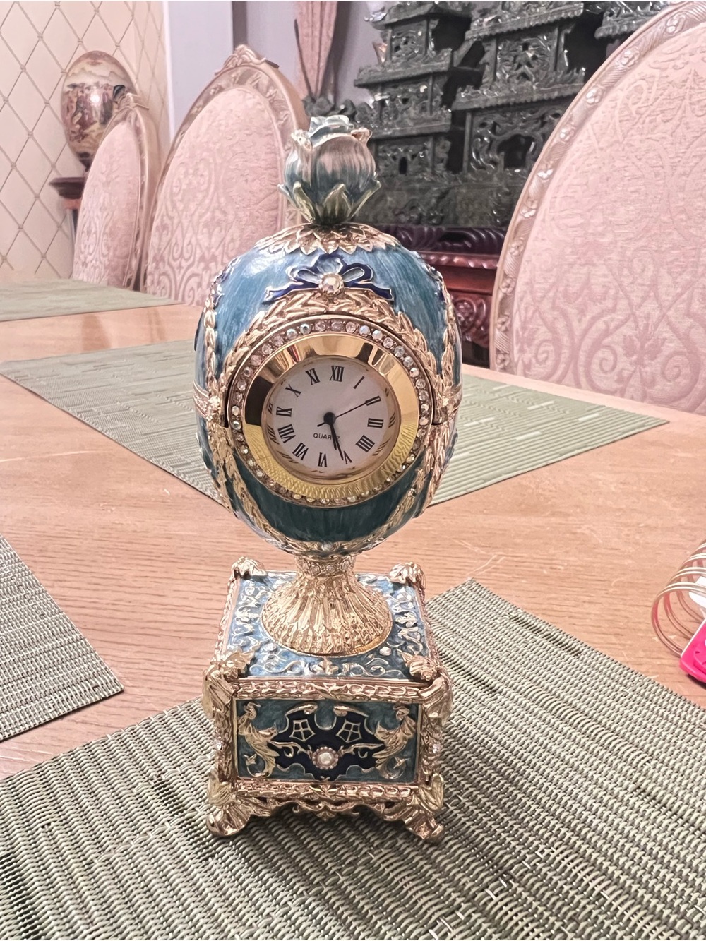 Faberge Blue and Gold Ornamental Egg Clock
